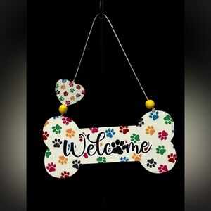 Welcome Paw Prints Dog Bone Shaped Metal Door Wall Hanging Multicolor New